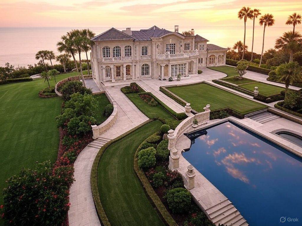 House with lighted pool at sunset